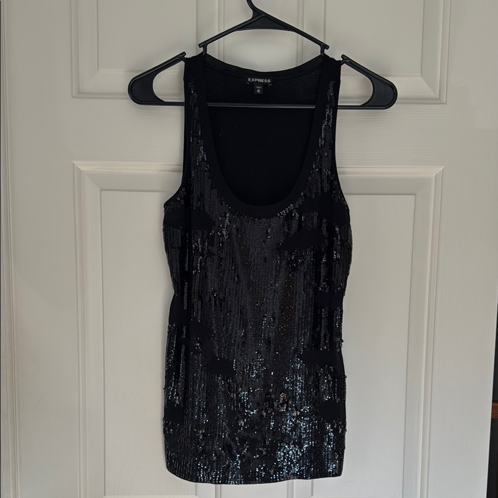 Express Black Sequin Fitted Tank Top